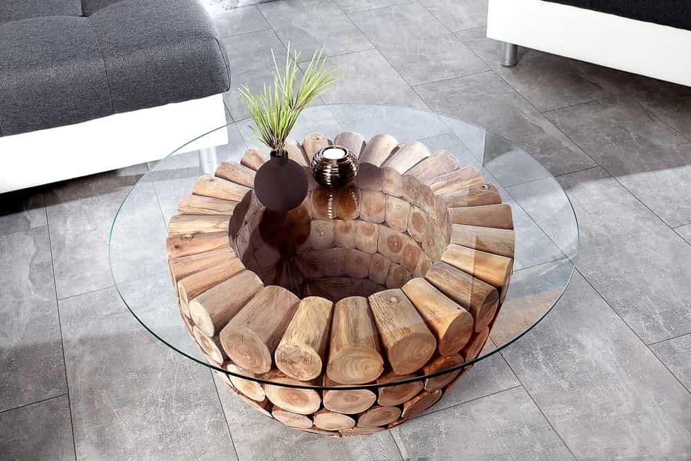 Handgearbeiteter Couchtisch PURE NATURE 70cm Teak Massivholz rund mit Glasplatte