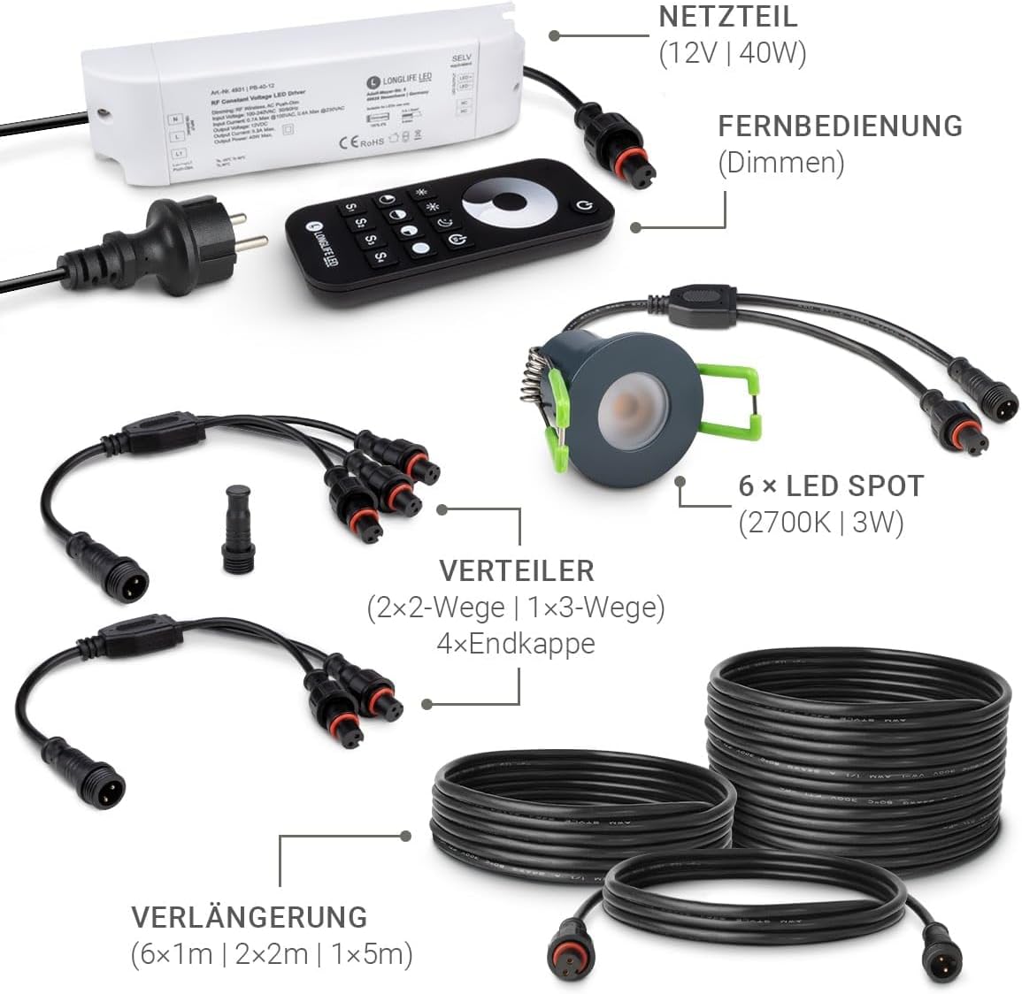 LongLife LED 6er Set Einbaustrahler Mini 3W 2700K anthrazit RAL 7016 IP65 Dimmbare Strahler für Terrassenüberdachung, Carports, Dachüberständen