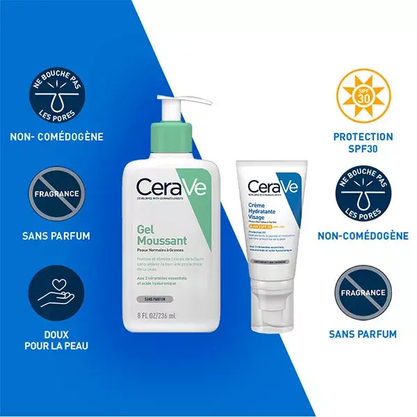 Rotina Facial CeraVe para Pele Oleosa: Gel Espumante 236ml e Creme Facial Hidratante FPS 30 52ml