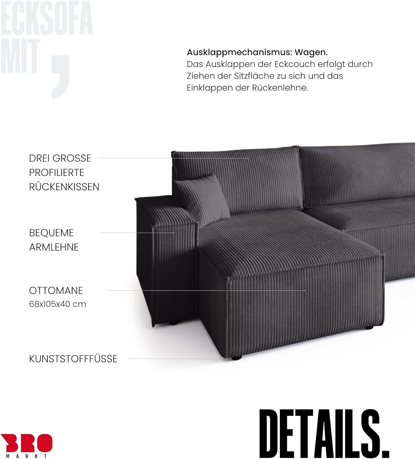 BROMARKT Ecksofa mit Schlaffunktion Cord Grau Wohnlandschaft u Form Big Sofa Schlafsofa mit Bettkasten Schlafcouch Wohnzimmer Couch 5 sitzer 312x143x85 cm ADI
