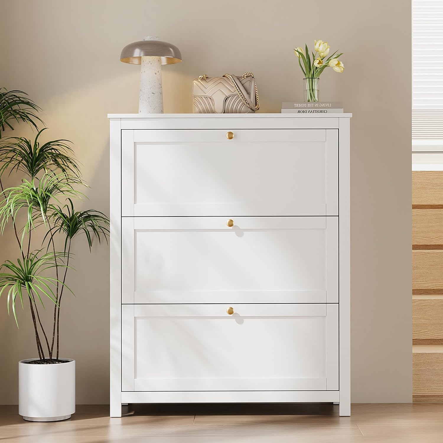 VOWNER Schuhschrank mit 3 Klappen, Schuhregal Schuhkipper Schmal, Schuhschrank Weiss, mit 6 Fächern, Schuhablage Verstellbar, 90 x 30 x 110 cm, für Eingangsbereich, Flur