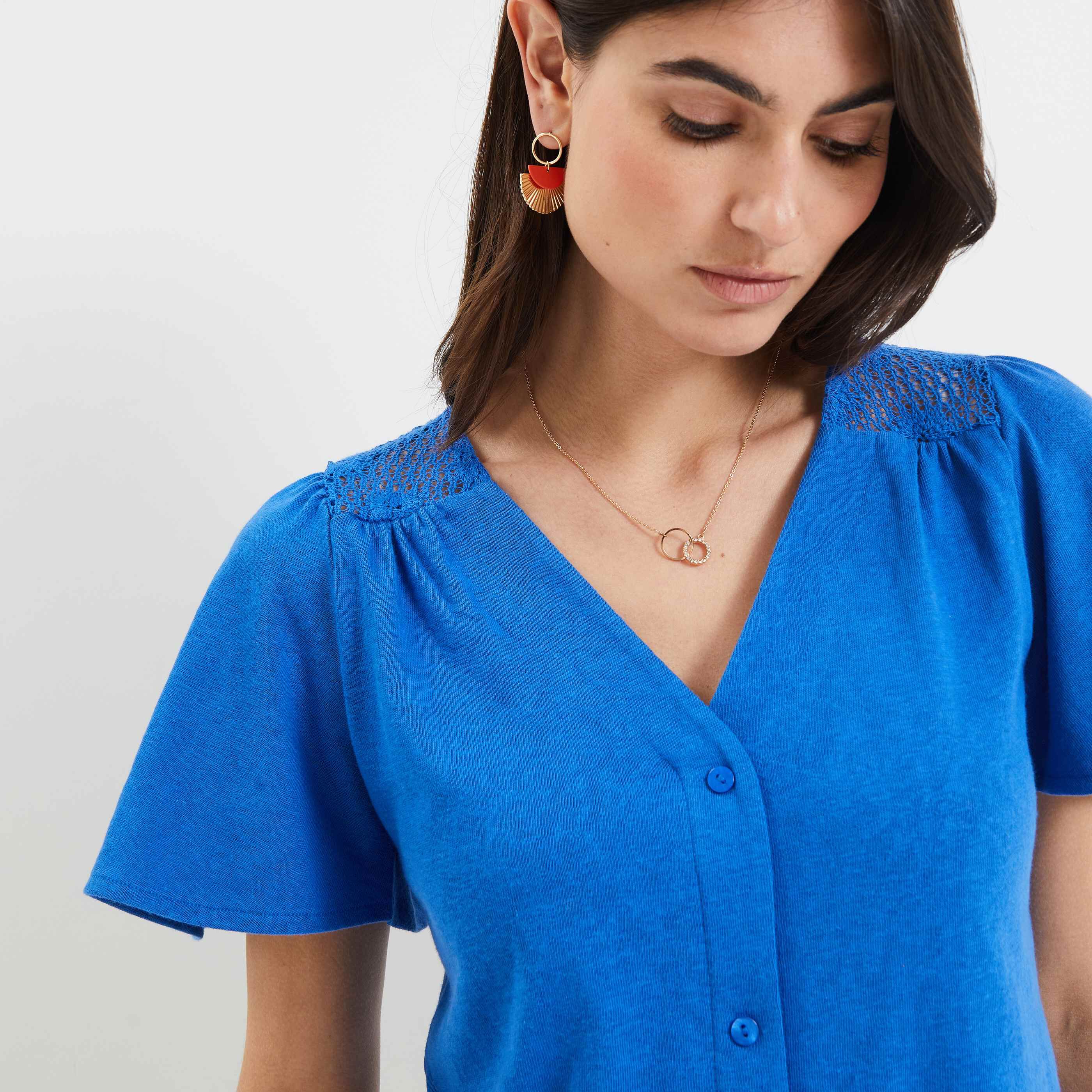 T-shirt manches courtes à smock - BLEU