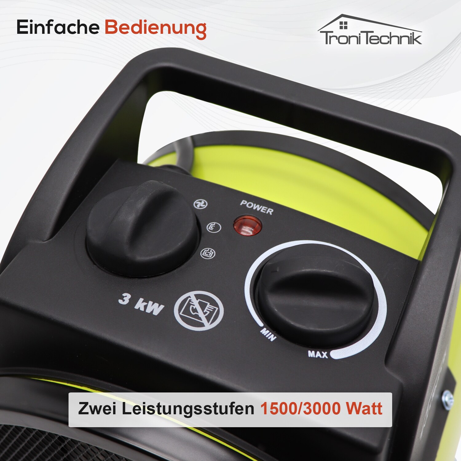 TroniTechnik® KH-503 Keramikheizer Heizlüfter Heizung 3.000 Watt, mit Tragegriff, PTC Keramik, stufenlose Thermosteuerung