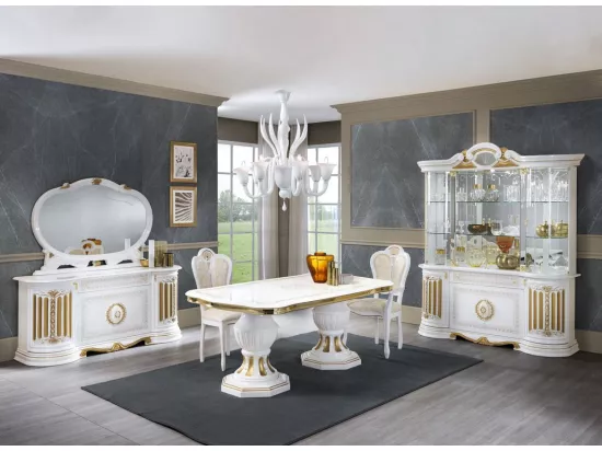 Vitrine 8 portes 1 tiroir bois vernis laqué brillant blanc et doré Lesly 173cm