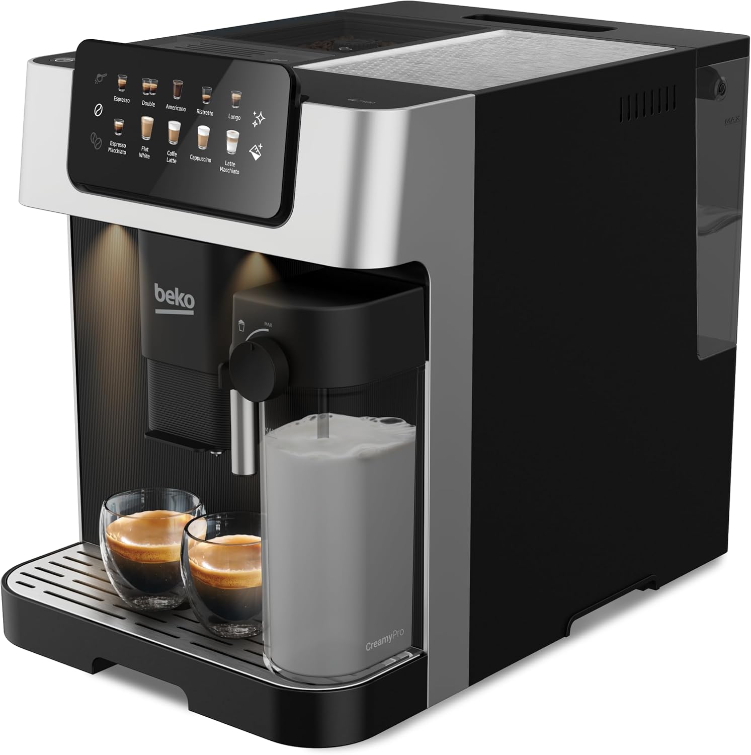 Beko - CEG7304X - Kaffeevollautomat mit Milchkännchen, digital, automatisches Vorschmelzen, Druck 19 bar - Schwarz, 27,5 x 40,5 x Höhe 34 cm
