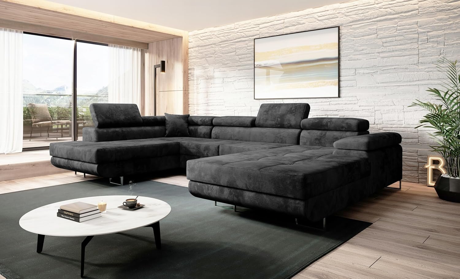 Graphit Ecksofa Varberg Velours in U-Form 345 x 72 x 205 cm mit Schlaffunktion und Bettzeugbehälter - Schlafsofa mit Bettkasten - Eckcouch mit Stauraum - Stoff: Monolith 97