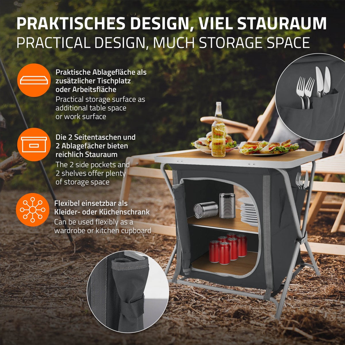 ECD Germany Opvouwbare kampeerkast, houtlook - zwart, 60x64x45 cm, kampeerkeuken met aluminium frame, draagbare keukenbox met werkblad, 2 planken en draagtas, opvouwbare stoffen kast voor buiten