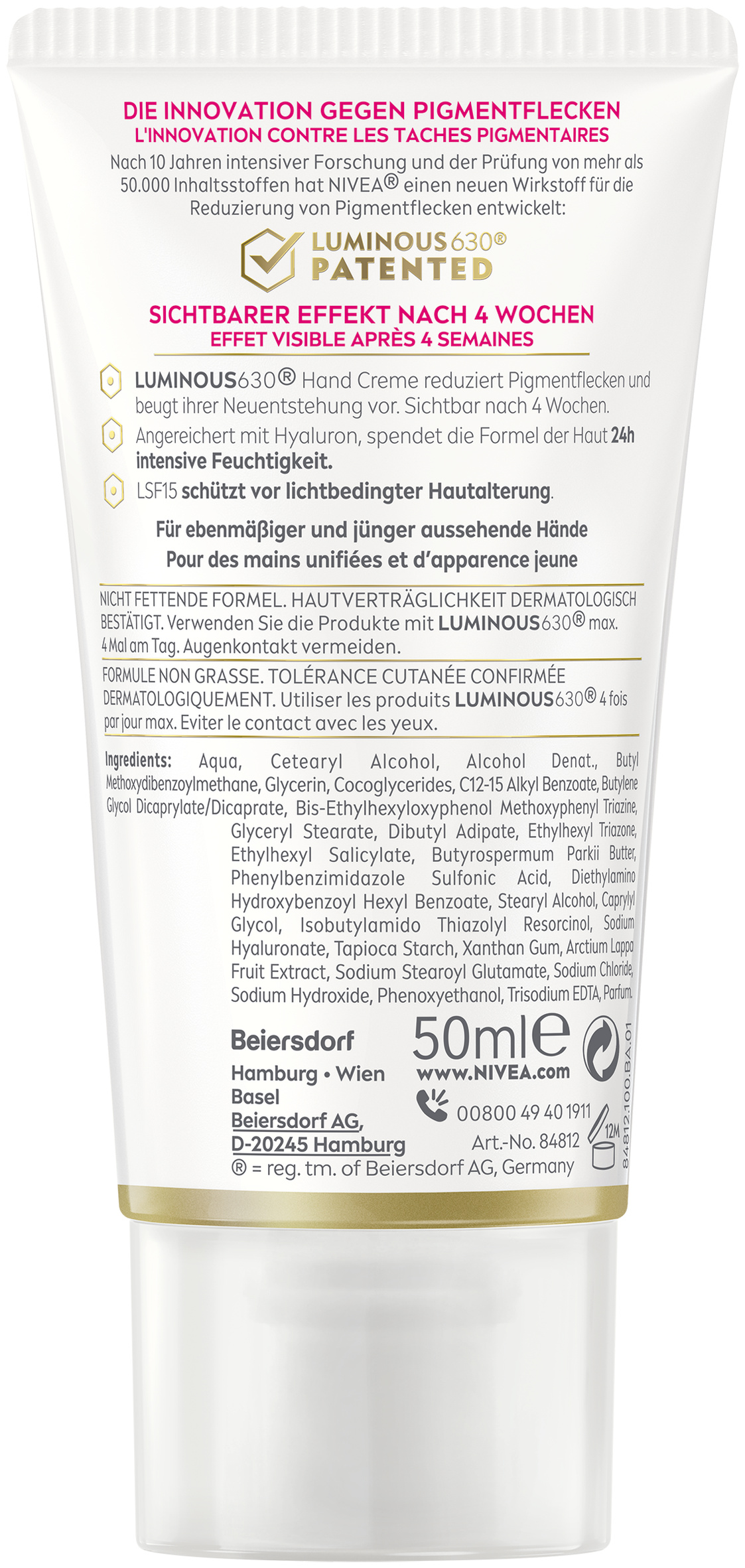 Nivea Luminous630 Handcreme<br>50 ml, Tube, Creme, Anti-Pigmentflecken LSF 15
