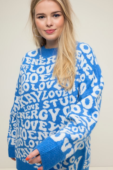 Pullover, oversized, Writing-Muster, Rundhals, Langarm