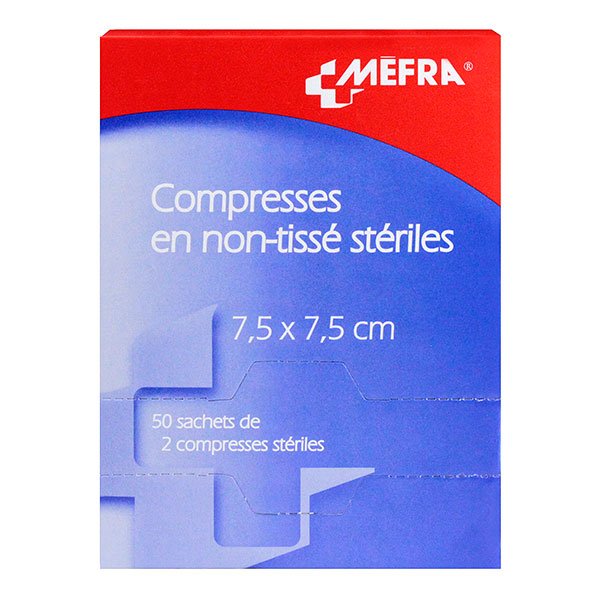 Mefra compresses stériles non tissées premiers soins 7,5cm x 7,5cm (50x2 compresses)