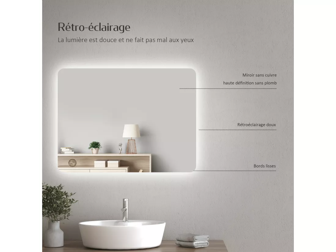 EMKE Miroir lumineux salle de bain Rétro-éclairage 60x45cm, Miroir LED avec Interrupteur à bouton, Anti-buée, lumière Blanche Froide/Chaude