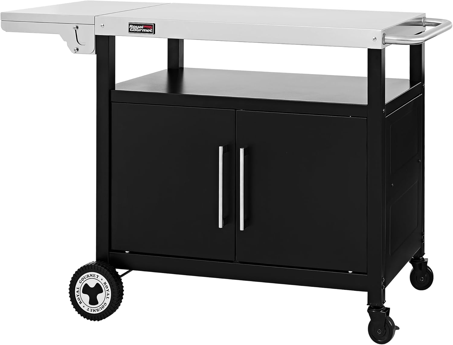 Royal Gourmet Grillwagen mit Klappbarem Seitentisch Grilltisch mit Handtuchgriff, Unterschrank, Grill Trolley mit Edelstahl Tischplatte, Servierwagen mit Rollen