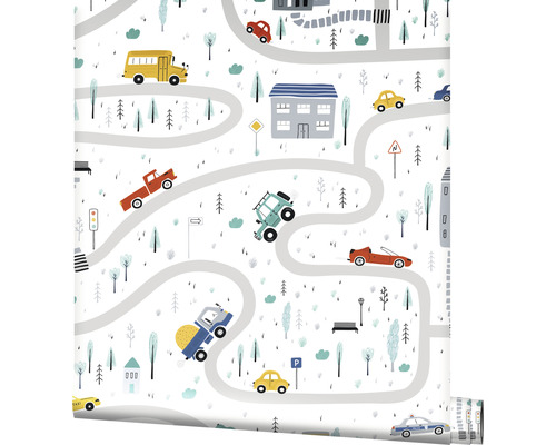 Vliesbehang 45844 Kids Walls Cars Street rood geel blauw grijs