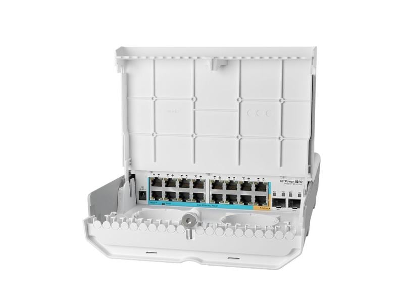 MikroTik GPEN PoE Switch netPower 15FR, Outdoor, 18 Port Mikrotik 18-Port-Switch für den Aussenbereich mit 15 reverse-24Volt passiv PoE-Ports und 2xSFP.