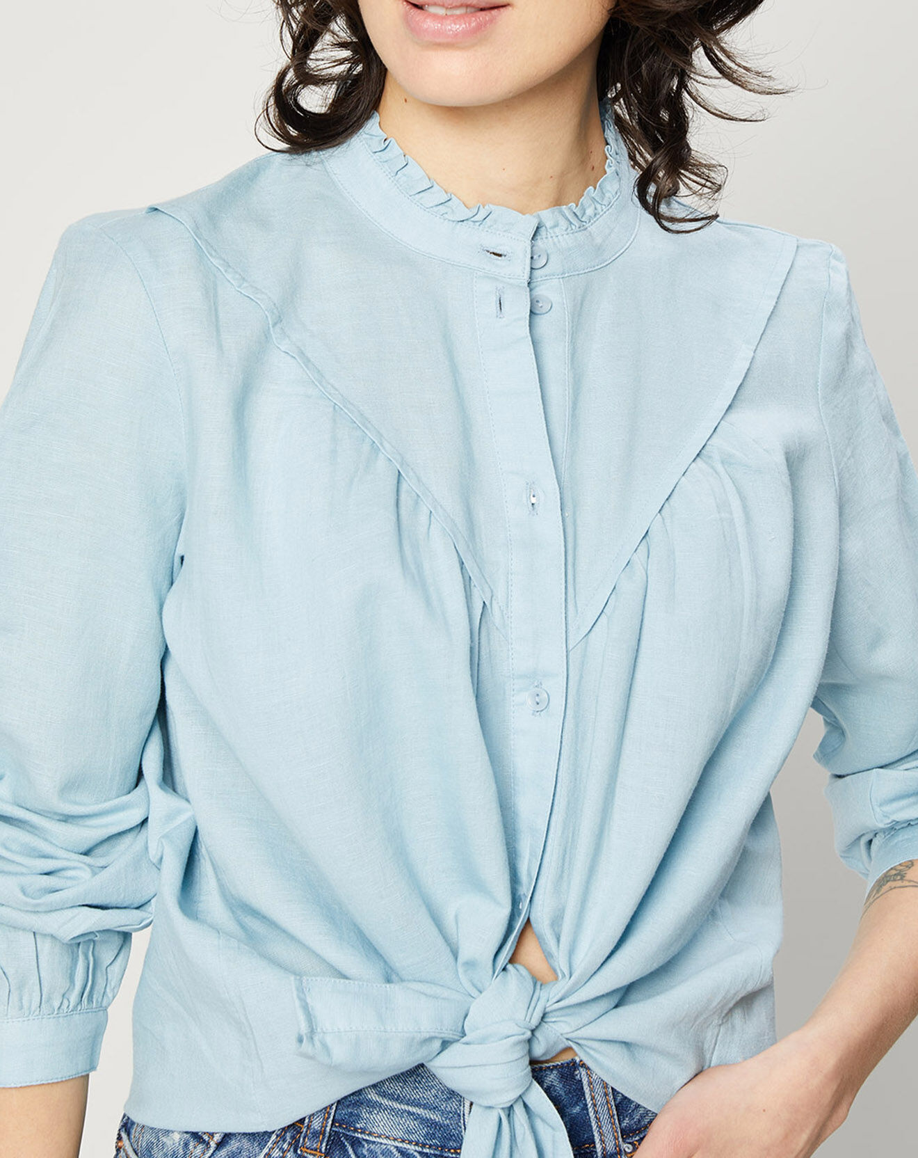Esprit Chemise en Lin & Coton à Col Volant bleu clair