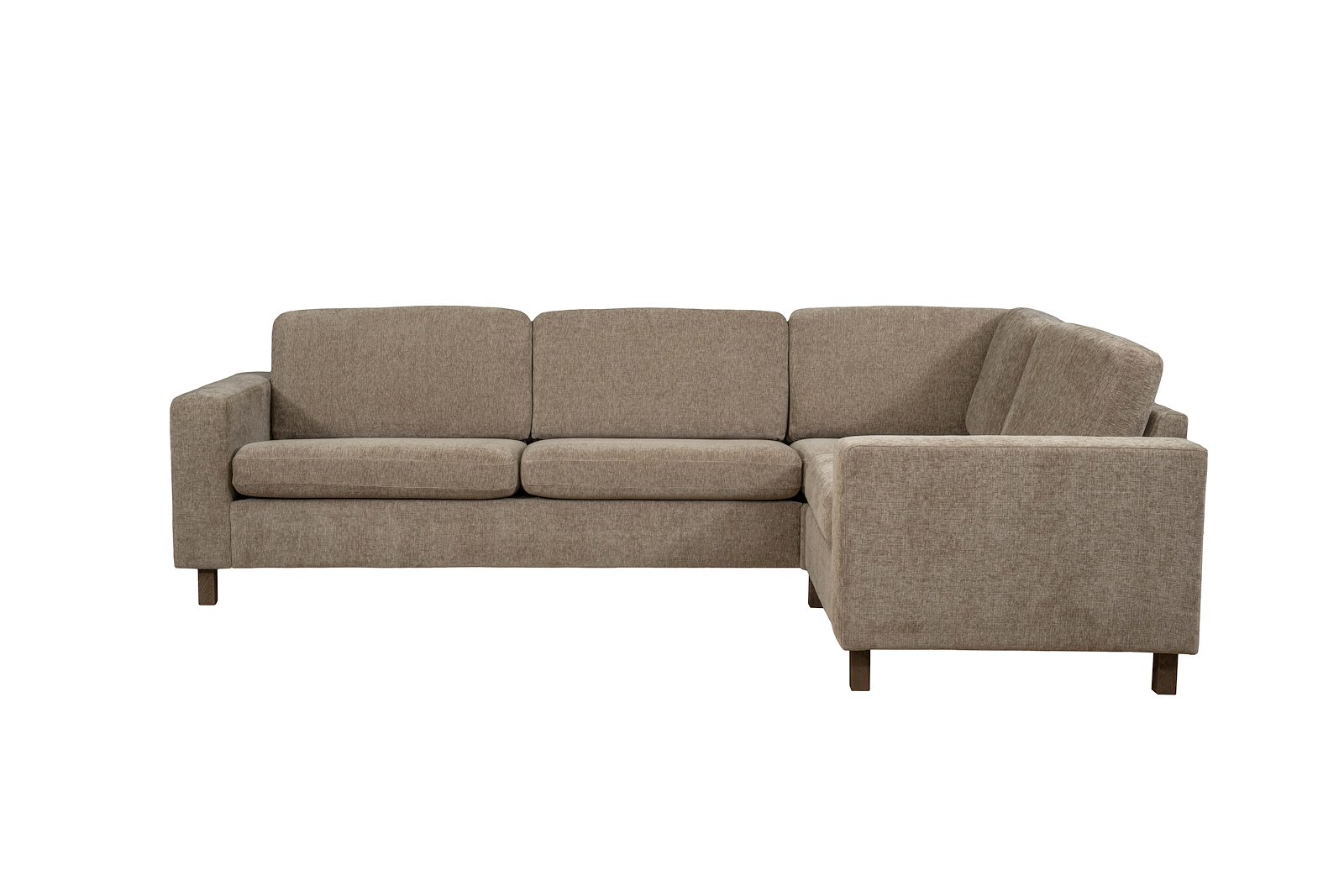 Ellinor hjørnesofa Oppsett H. 3-seter, hjørne 1,5-seter. Tekstil Paloma 1/24 Brown Grey. Arm 1, Duo puter, Firkantet ben 12 cm Mocca. Vendbar