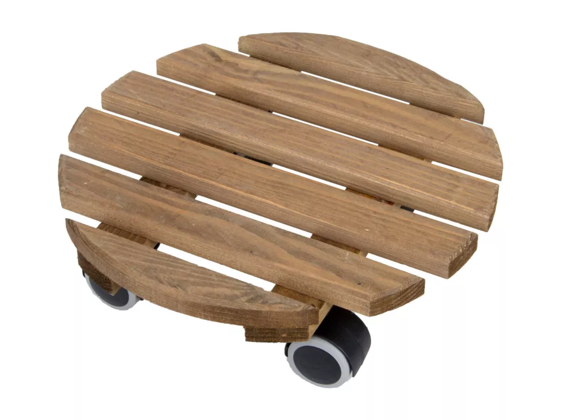 Support à roulettes en bois pour plantes d'intérieur Rond - Teinté marron