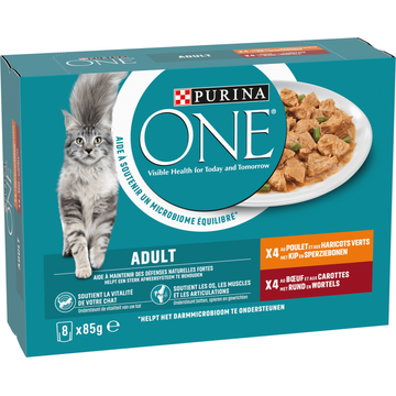 Purina ONE® Adult Rijk aan Kip en Sperziebonen / Rund en Wortels in Saus kattenvoer nat 8x85g