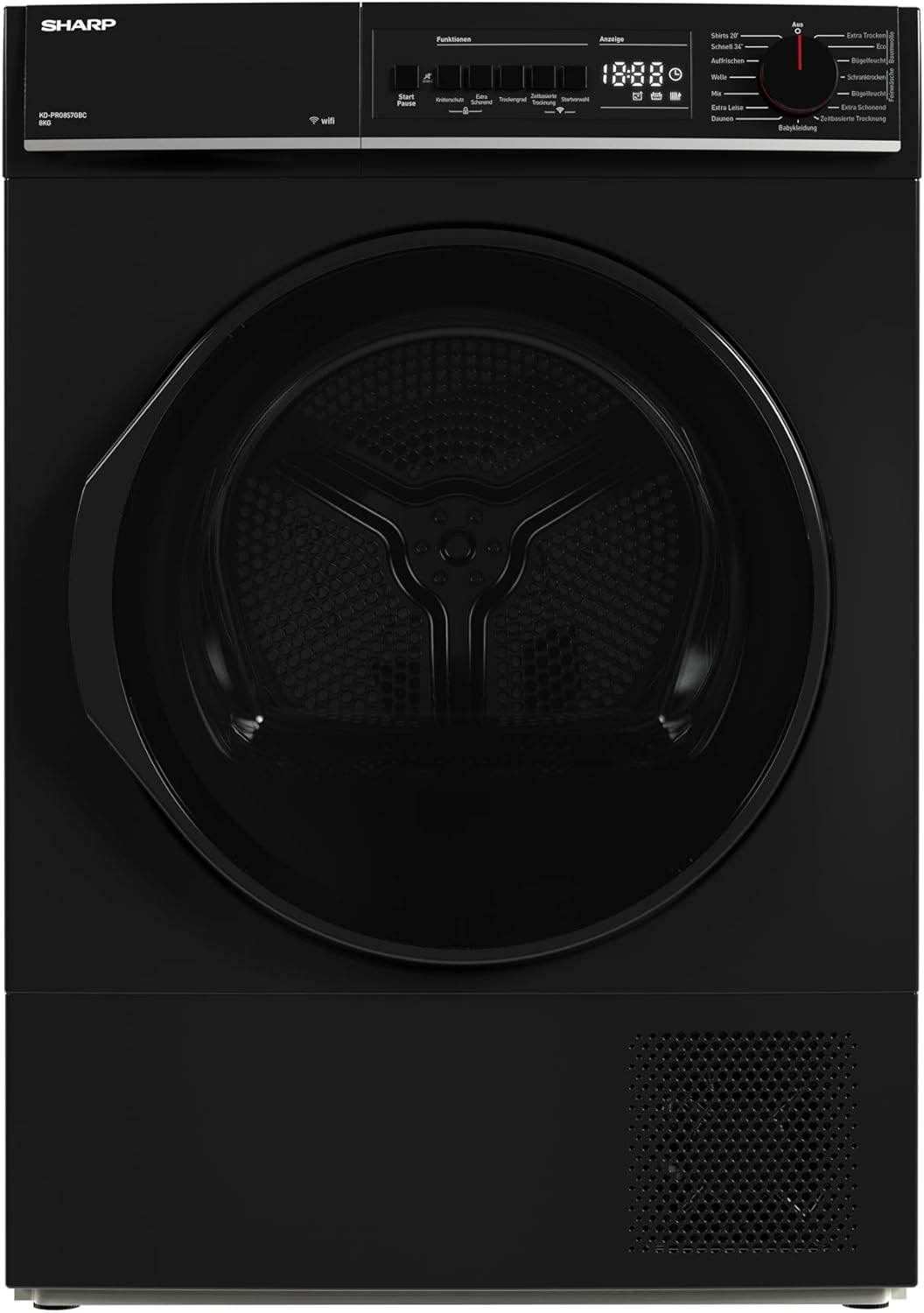 Sharp KD-PRO8S7GBC-DE Wäschetrockner, 8kg, C, WiFi, 15 Trockenprogramme inkl. 20-Minuten-Schnelltrockenprogramm, Schwarz