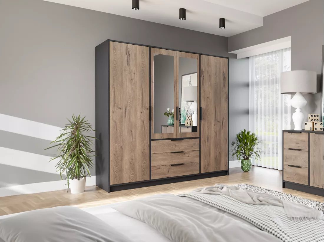 Armoire 4 portes et 3 tiroirs - Avec miroirs - L196 cm - Coloris : Naturel et noir - LAMIKI