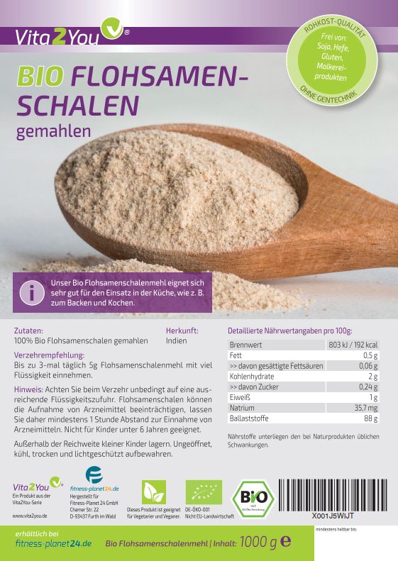 Vita2You Bio Flohsamenschalen gemahlen 99% Reinheit