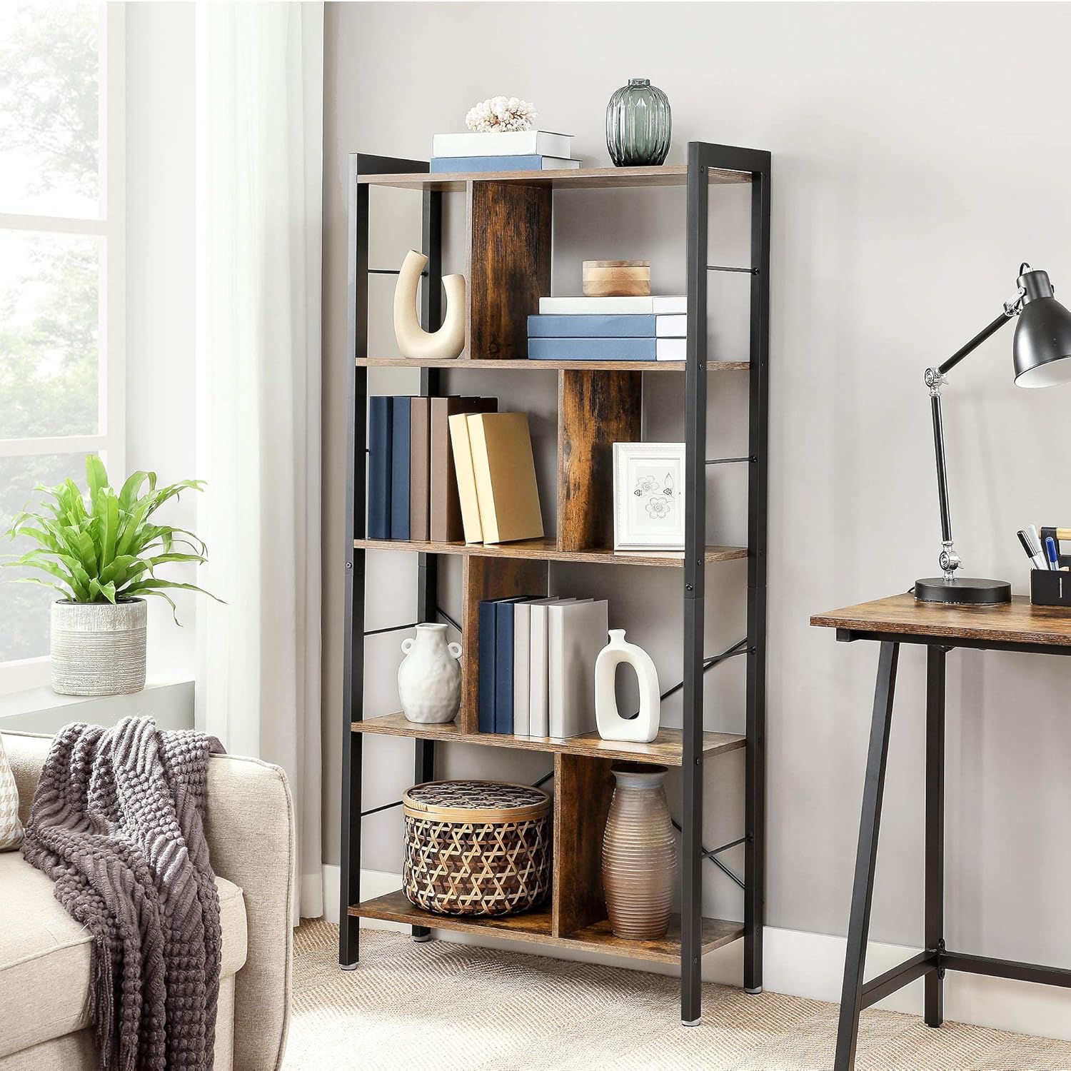 VASAGLE Regal, Bücherregal, Büroregal mit 5 Ebenen, Standregal, Aufbewahrungsregal, groß, Metallgestell, vintagebraun-tintenschwarz LBC12BX IN9831005