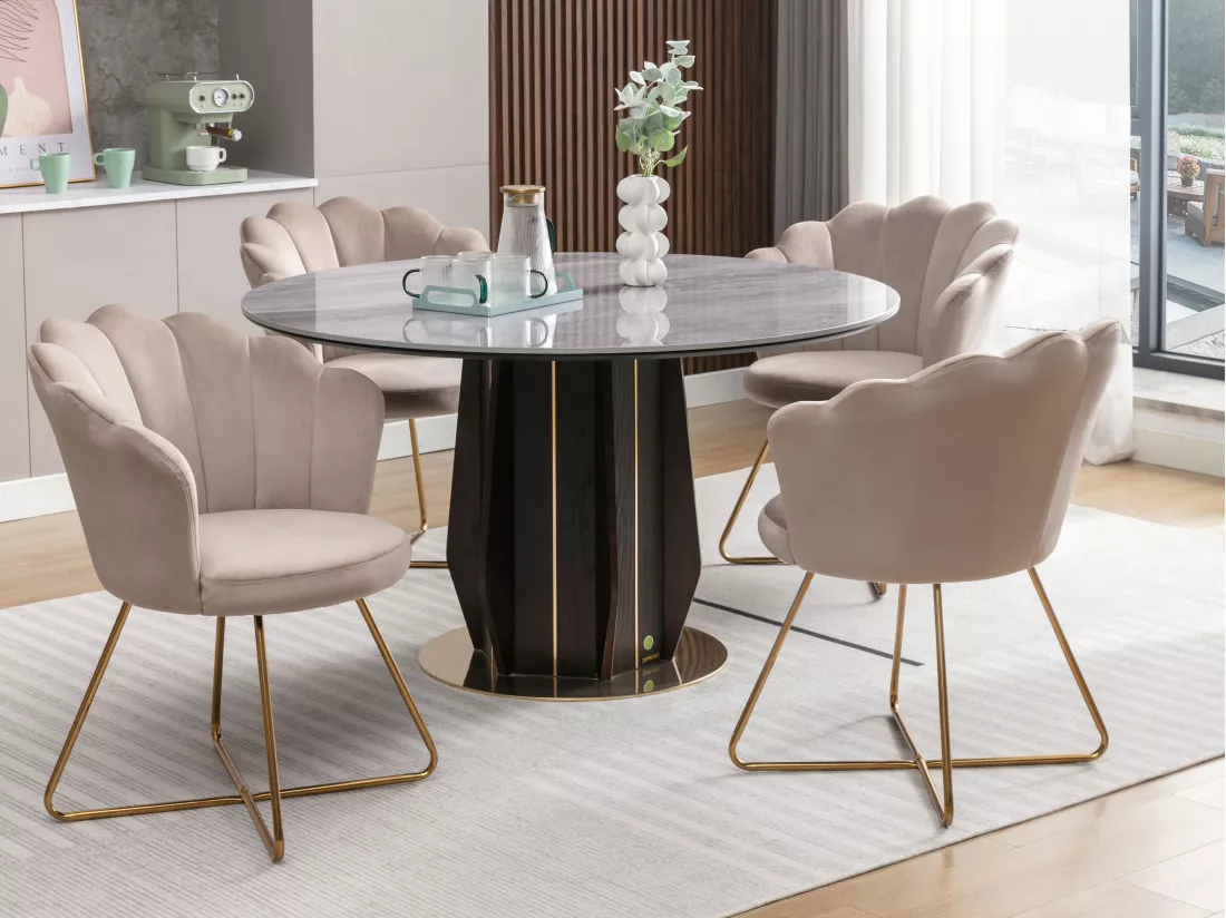 Lot de 6 chaises en velours et métal - Beige et doré - FIORI II