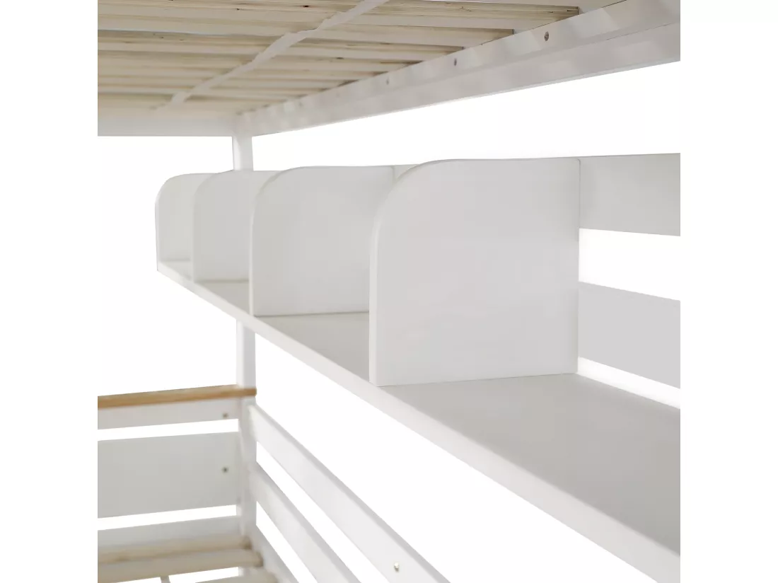 Lit superposé 90x200cm+140x200cm, avec moulin à vent, étagères, échelle et 2 tiroirs, avec grille antichute, pin+MDF, blanc+naturel
