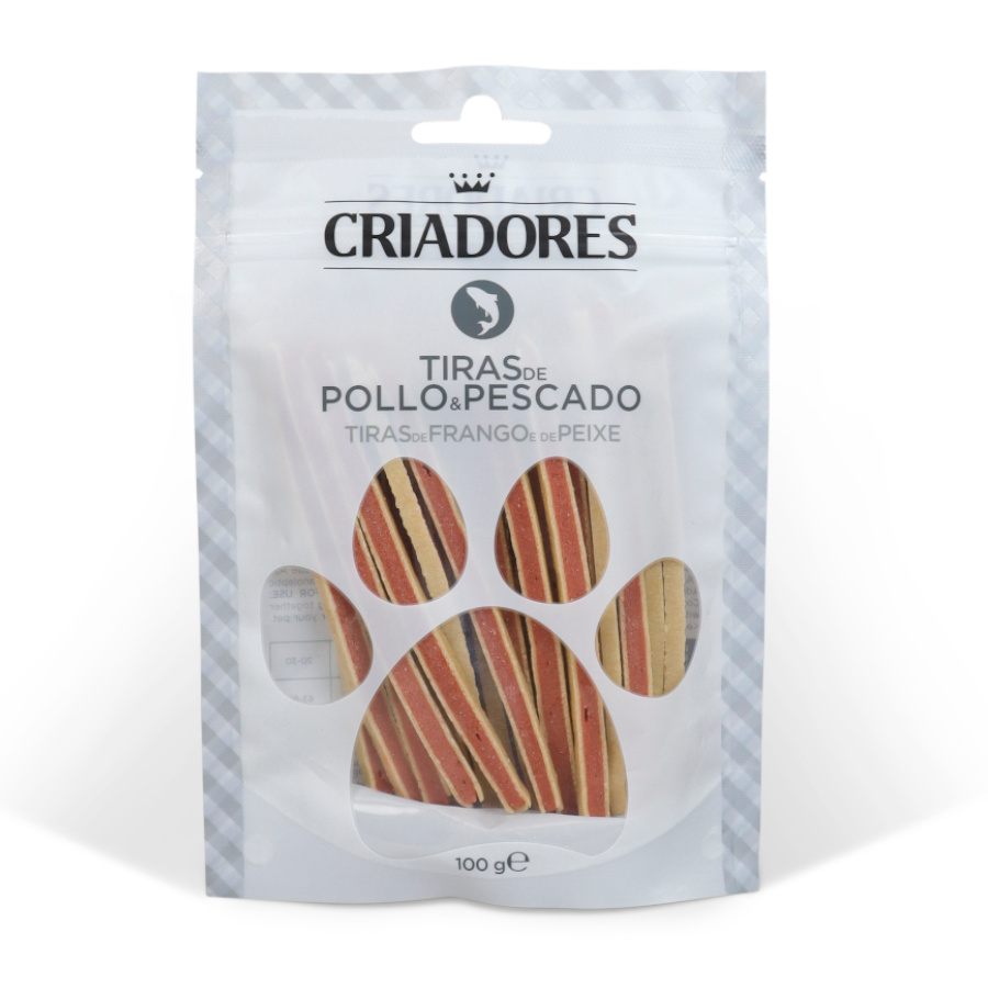 Tiras de frango e peixe para cães da marca Breeders