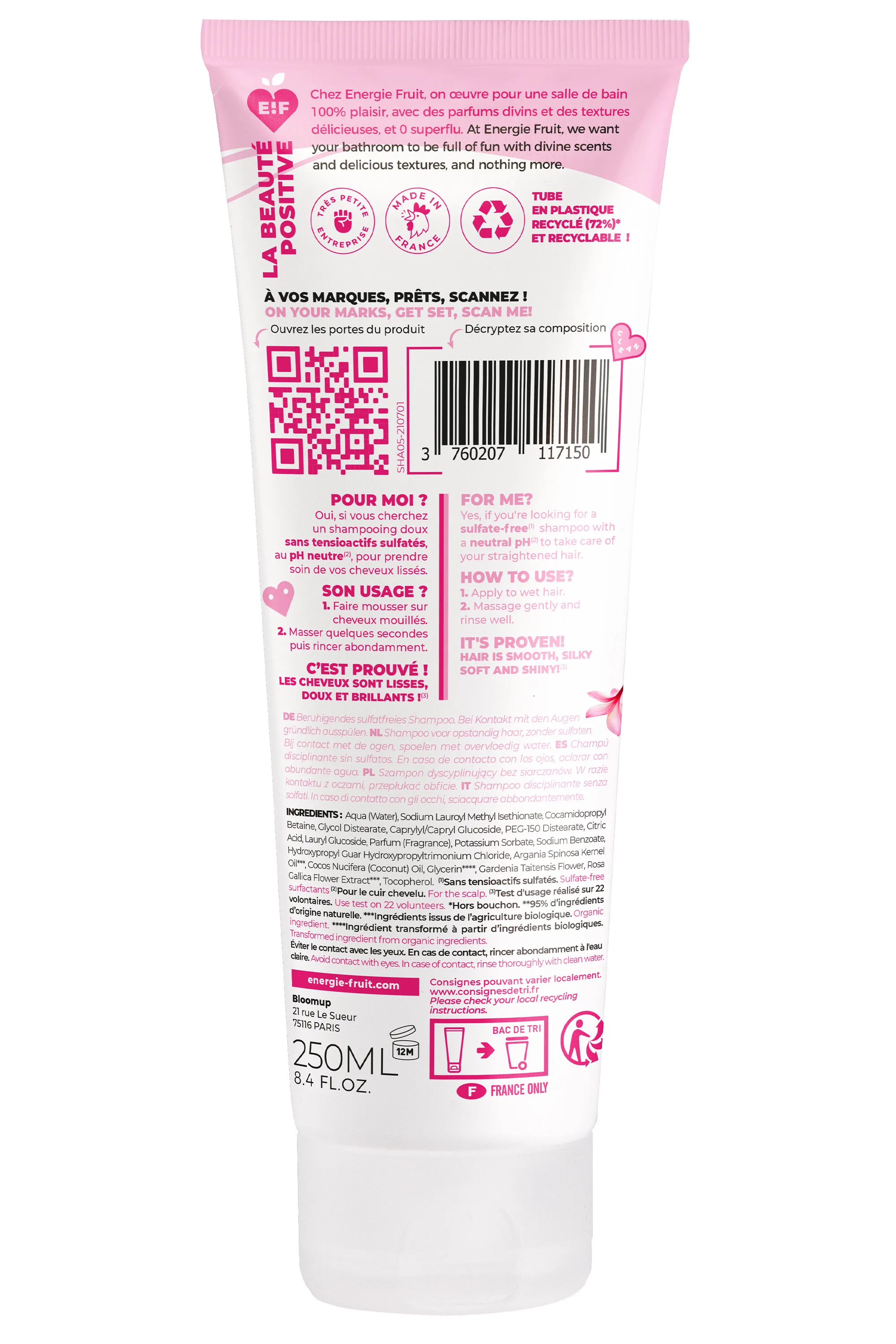 Energie Fruit Shampoing disciplinant anti-frisottis au monoï rose et à l’huile d’Argan-250 ml