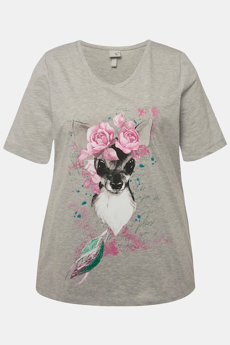 T-Shirt, Blumen-Rehkitz, Classic, V-Ausschnitt, Halbarm