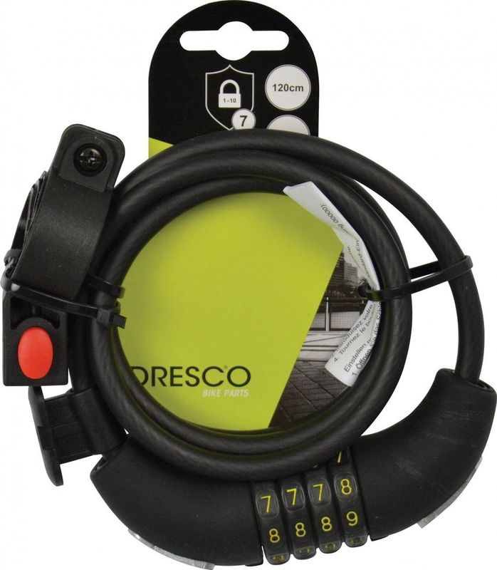 Dresco - Kabelslot 120/8 - Spiraal/cijferslot - Zwart - 120 cm - Rond 8 mm - Met Steun