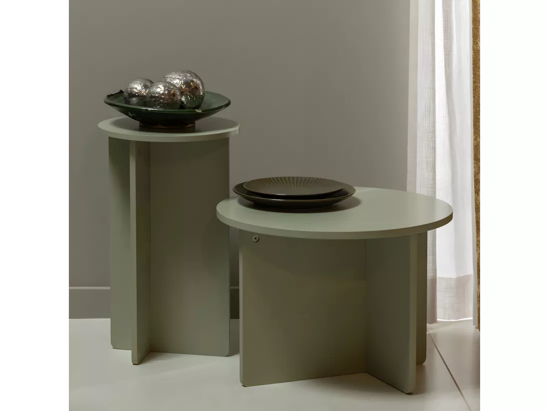 Ronny - Lot de 2 tables d'appoint rondes en bois - Vert de gris