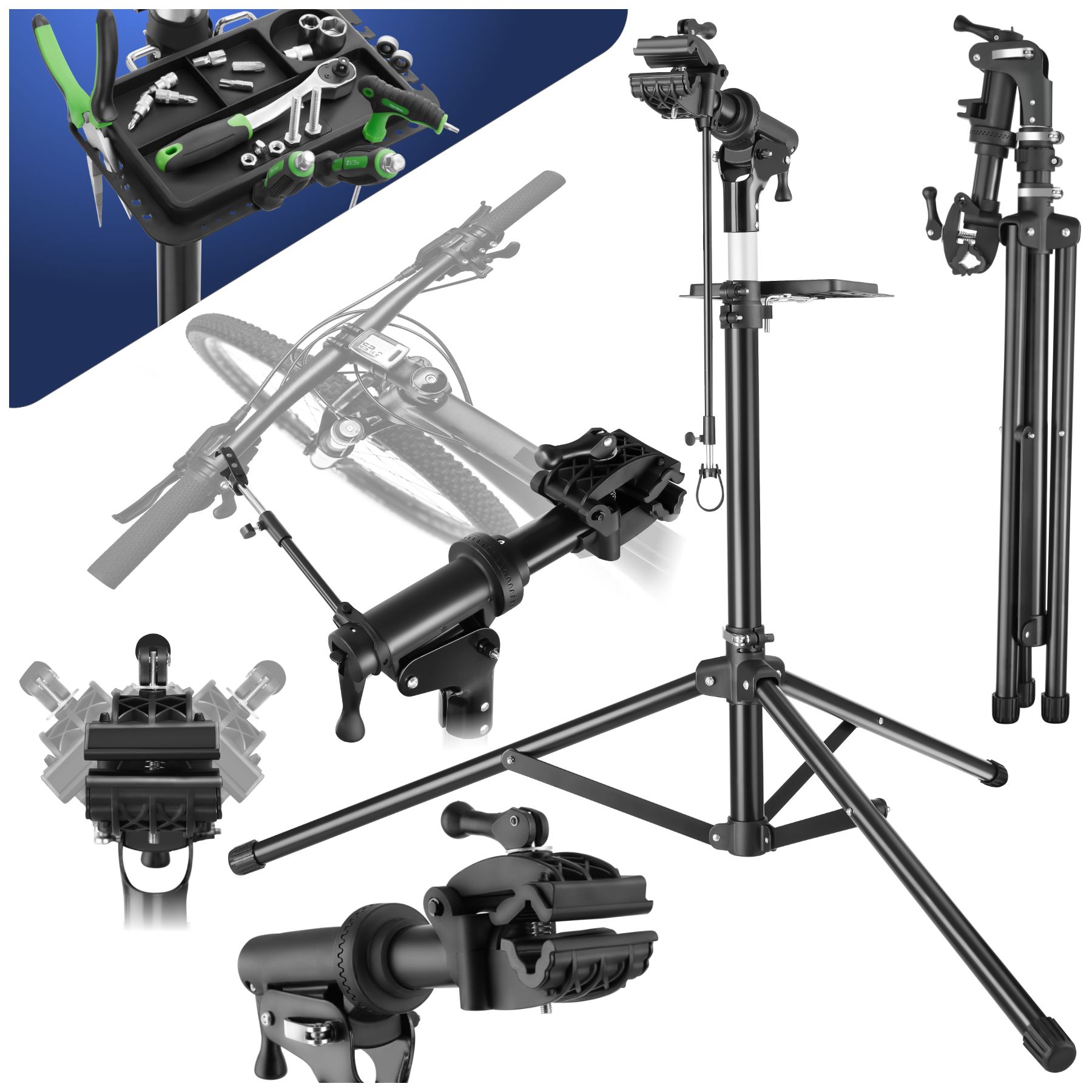 tectake® Fahrradmontageständer, Belastbarkeit 50 kg, klappbar mit Schnellverschlüssen, lackschonend, inklusive Vorderrad-Stabilisator und magnetischer Werkzeugablage