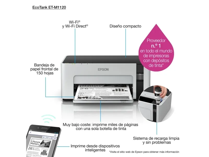 Epson EcoTank ET-M1120 - Printer - S/H - blækprinter - kan genopfyldes - A4/Legal - 1440 x 720 dpi - op til 15 spm - kapacitet: 150 ark - USB 2.0