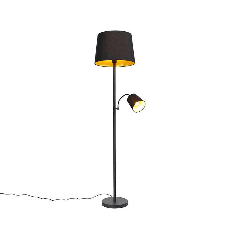 Klassieke vloerlamp zwart met goud en leeslampje - Retro