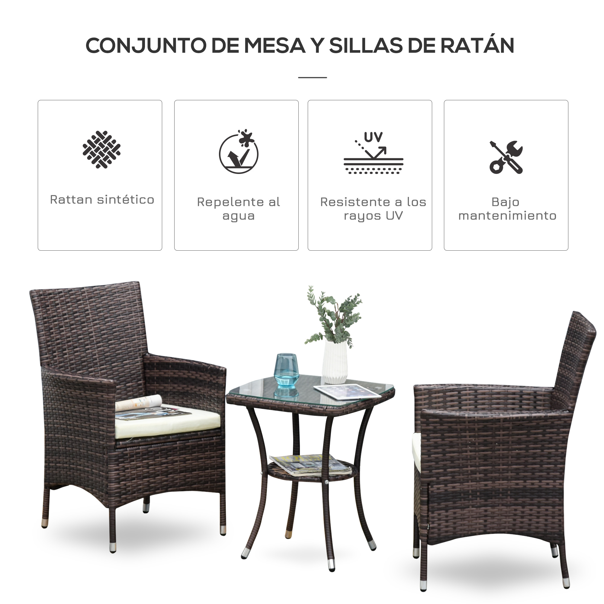 Conjunto de Móveis de Jardim Outsunny, em Rattan, Inclui 1 Mesa e 2 Poltronas com Almofadas, Estrutura Metálica para Terraço e Varanda, Marrom