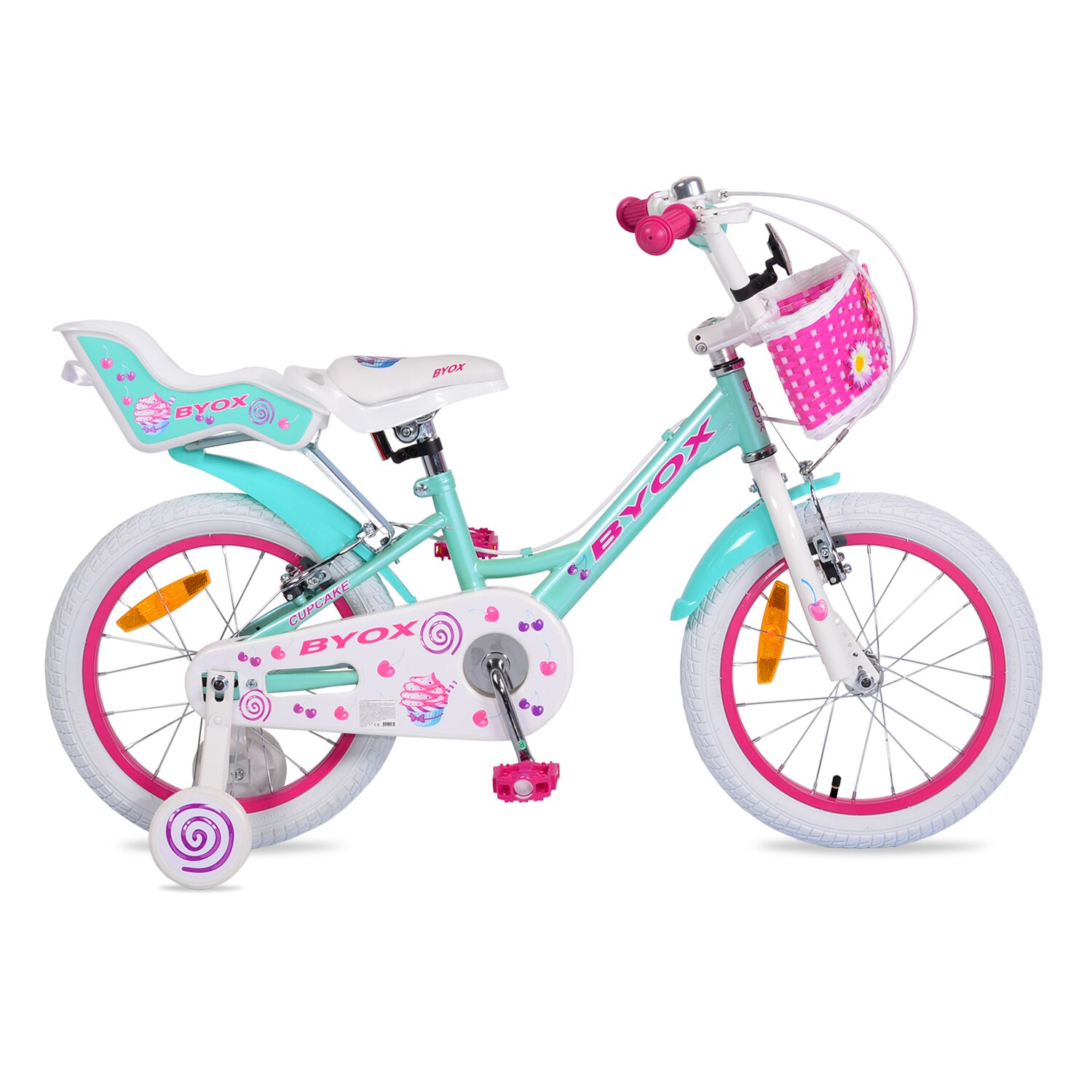 Byox Kinderfahrrad 16 Zoll Cupcake, Stützrädern, Puppensitz, Korb, Metallrahmen pink