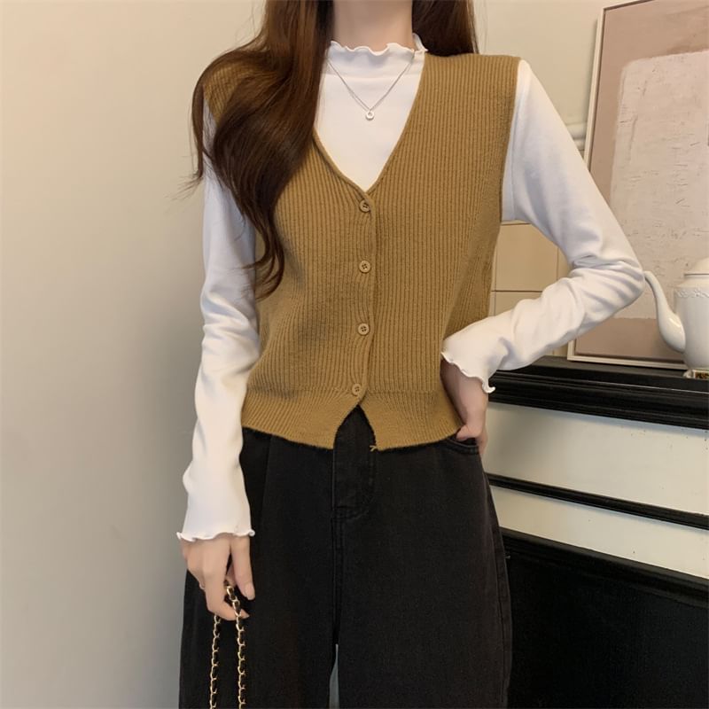 Allinya - V-hals geribbeld vest met knoopjes
