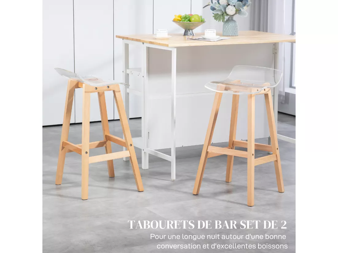 Lot de 2 tabourets de bar design contemporain bois de hêtre assise acrylique transparent