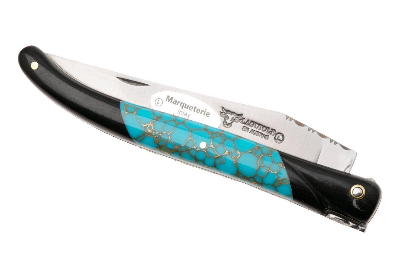 Laguiole en Aubrac Ebony, Turquoise Gold Inlay, Handcarved Brass Plates, zakmes, 12 cm