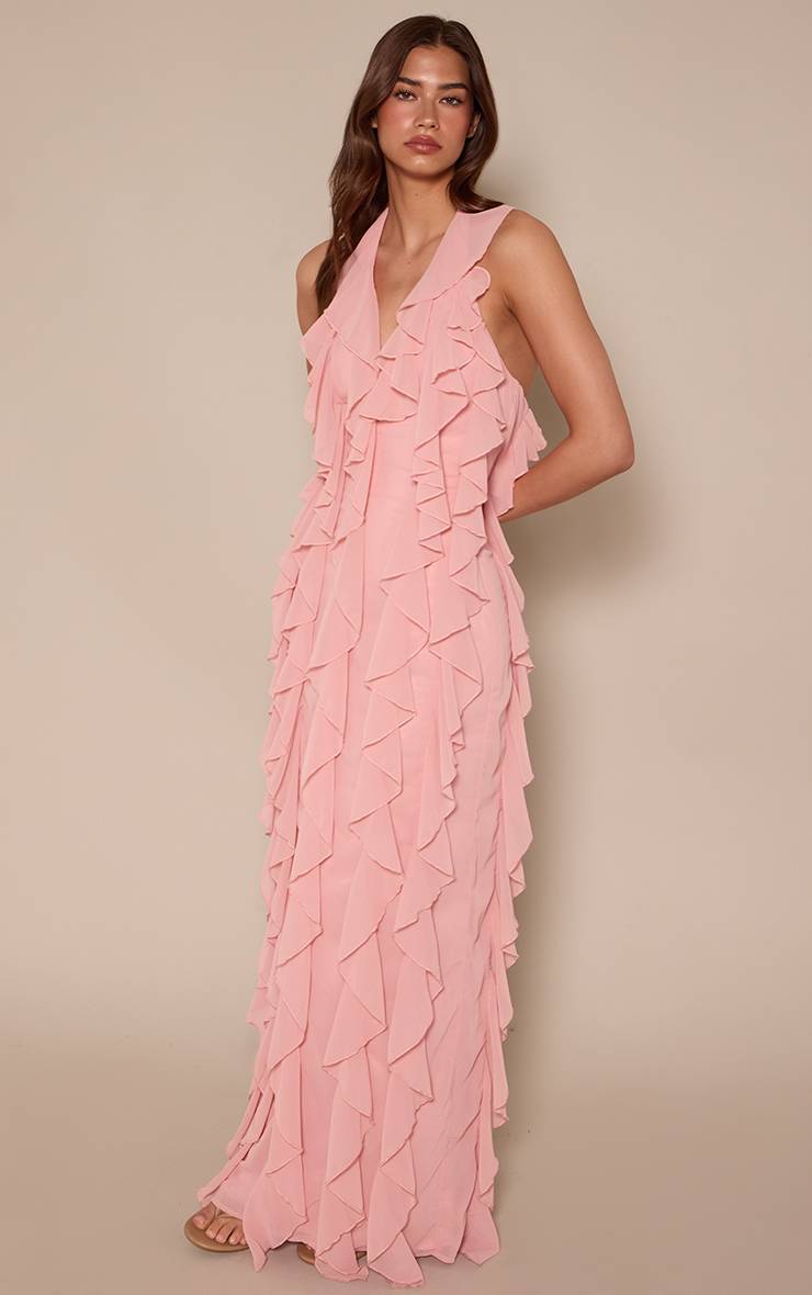 Rose Clair Robe Longue À Volants Sans Manches Avec Col Licou