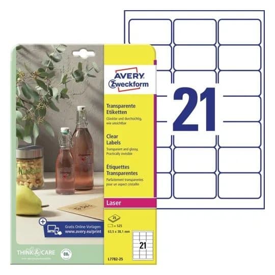 Avery L7782 - Permanent klæbemiddel - klar - 38,1 x 63,5 mm 525 etikett(r) (25 ark x 21) etiketter