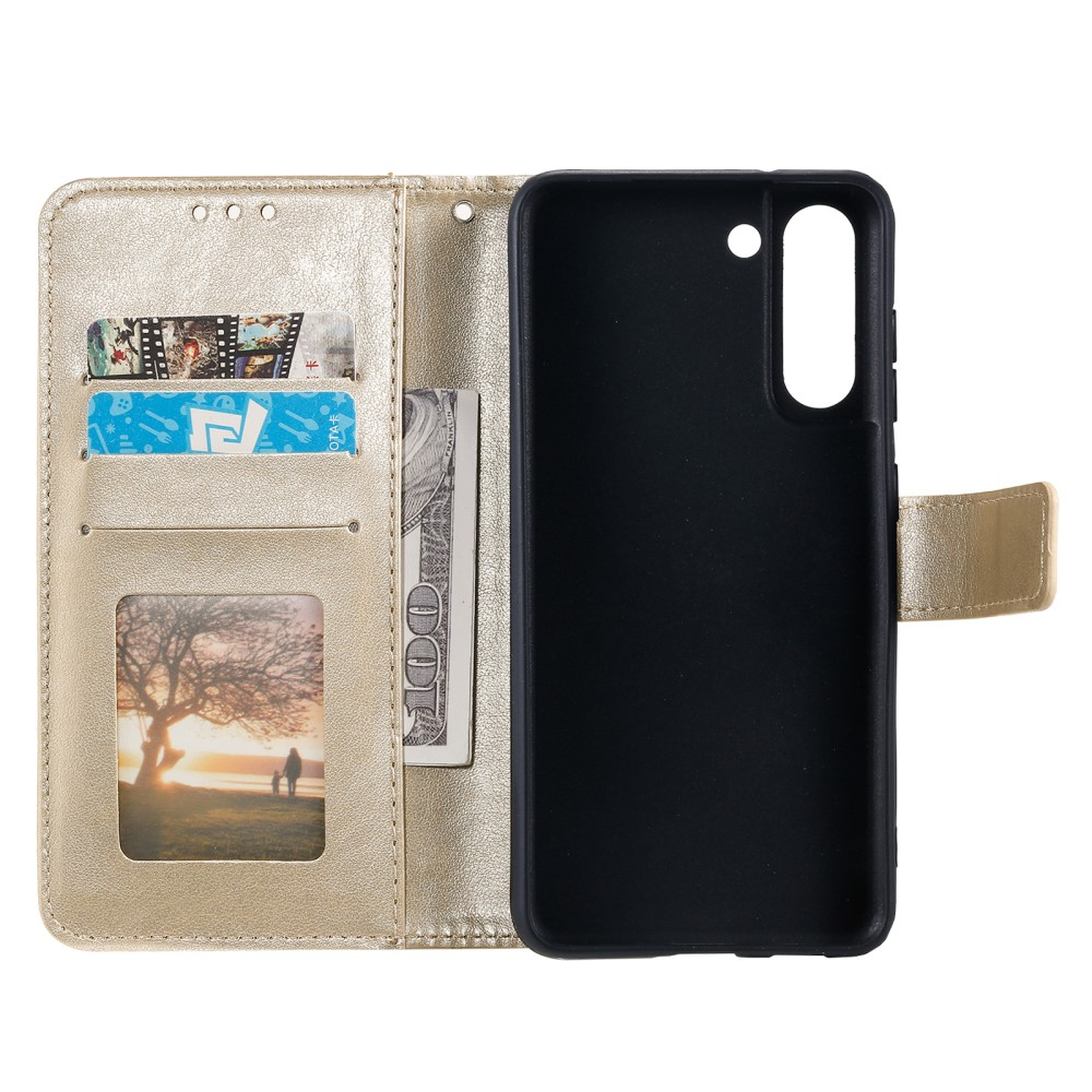 Samsung Galaxy S21 FE 5G Leder Tasche Wallet - Mandala Flowers Imprint - Gold