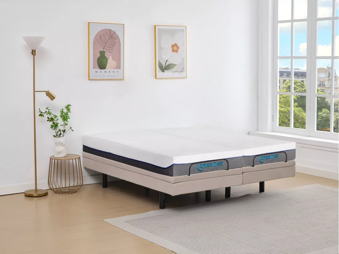 Lit électrique de relaxation déco + matelas mémoire de forme - 2 x 80 x 200 cm - Tissu - Beige - MENASINA de YSMÉE