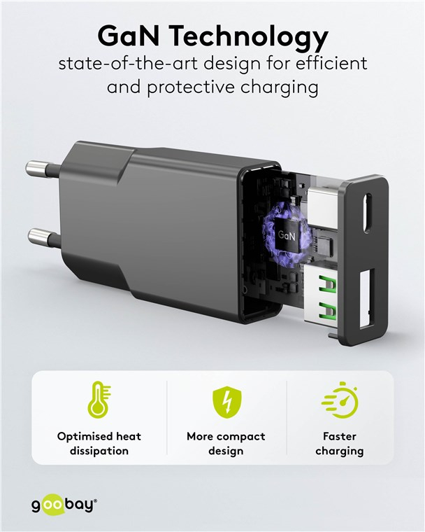 (20W) Slim USB C / USB A GaN Ladegerät Netzteil Power Delivery / Quick Charge (75729) - Schwarz