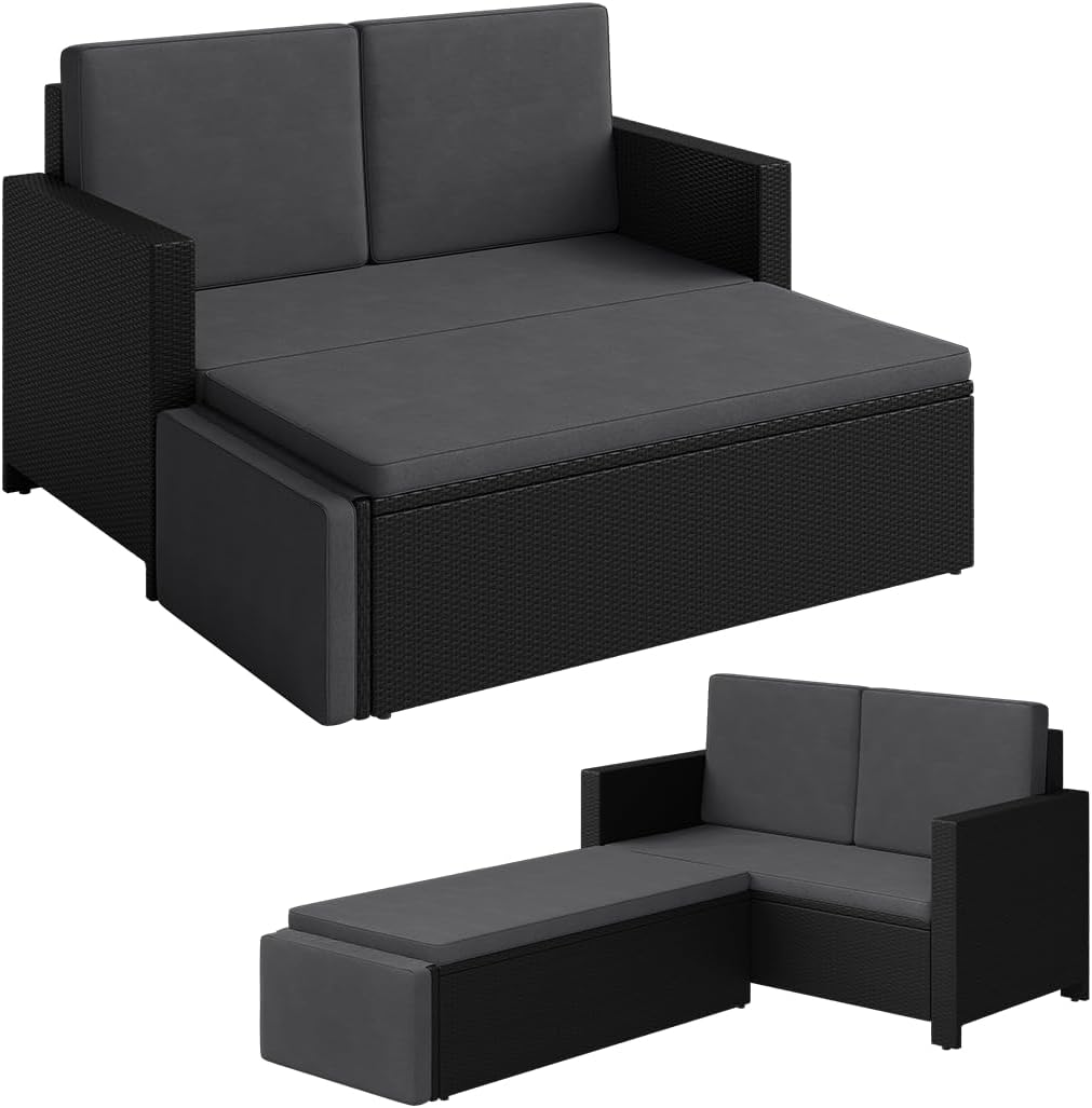 STEELSØN Gartenbank Elnath 2in1 Polyrattan, Gartensofa für 2 Personen mit Liegefunktion, Balkonmöbel mit Hocker 2er Sofa mit Polster wetterfest, Terrassenmöbel in schwarz/anthrazit 73x65x130 cm HxTxB