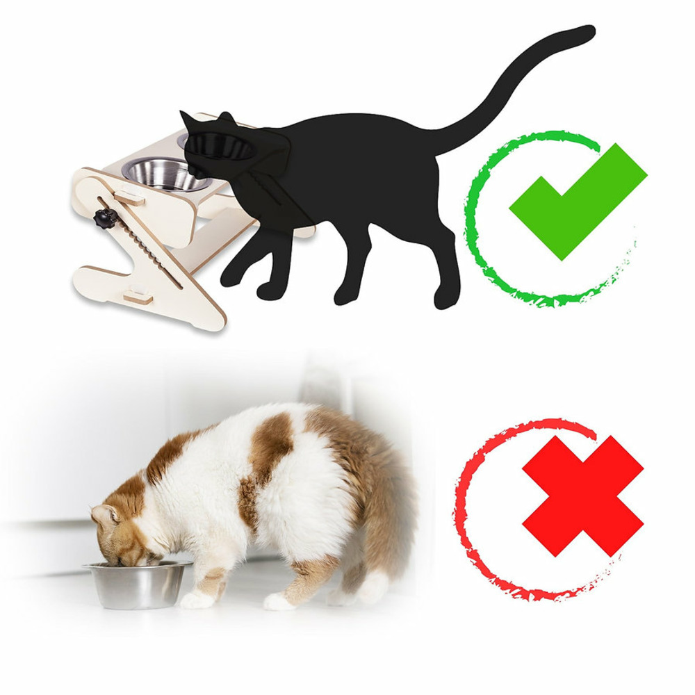 Gamelles pour Chat en Acier İnoxydable avec Support Reglables en Bois Durable avec Bols, Porte Double Gamelles 2 x 300ml