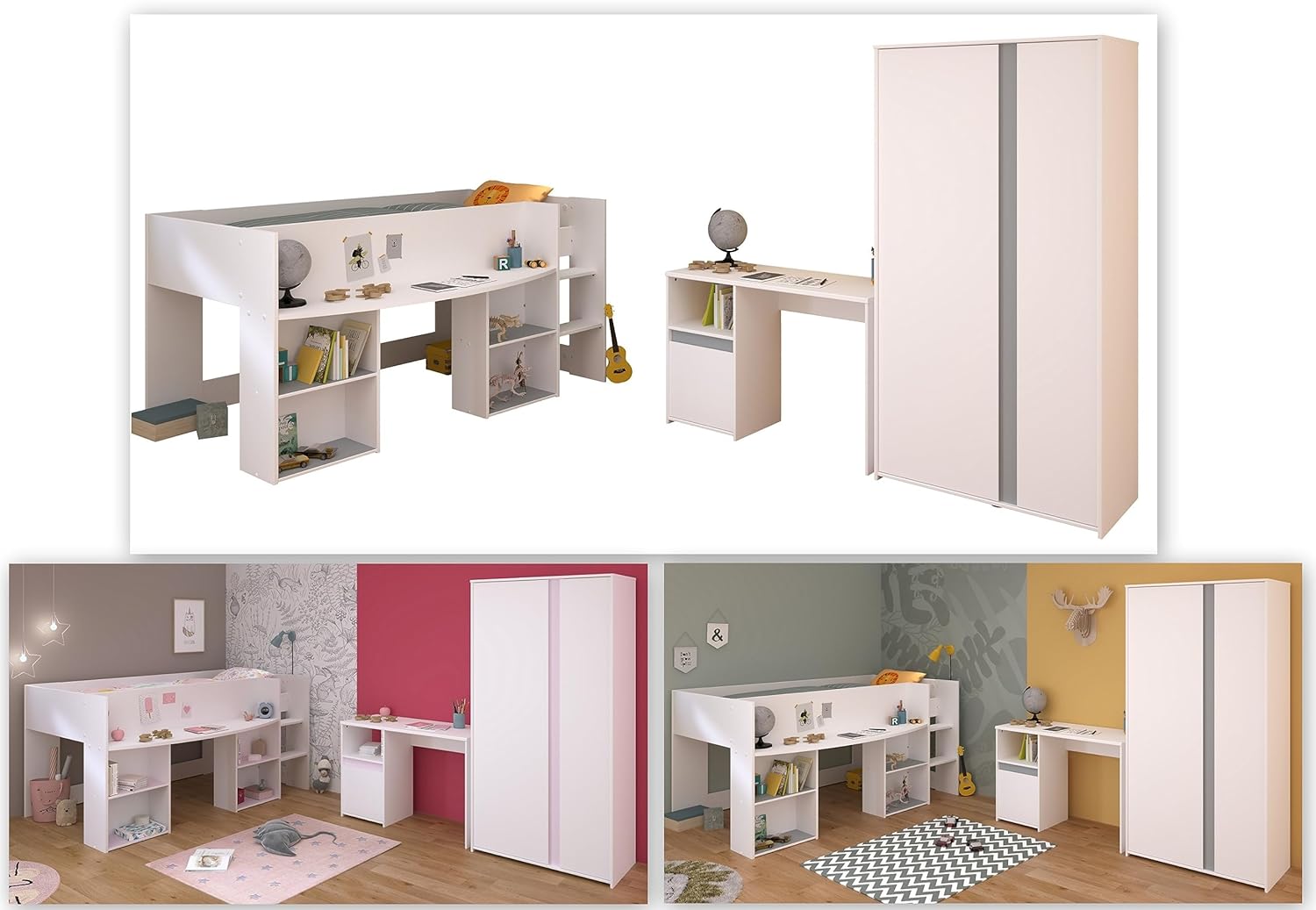 Parisot Jugendzimmer Pirouette 13 3teilig Weiß und Rosa/Kieselgrau mit Kleiderschrank, Hochbett und Schreibtisch…