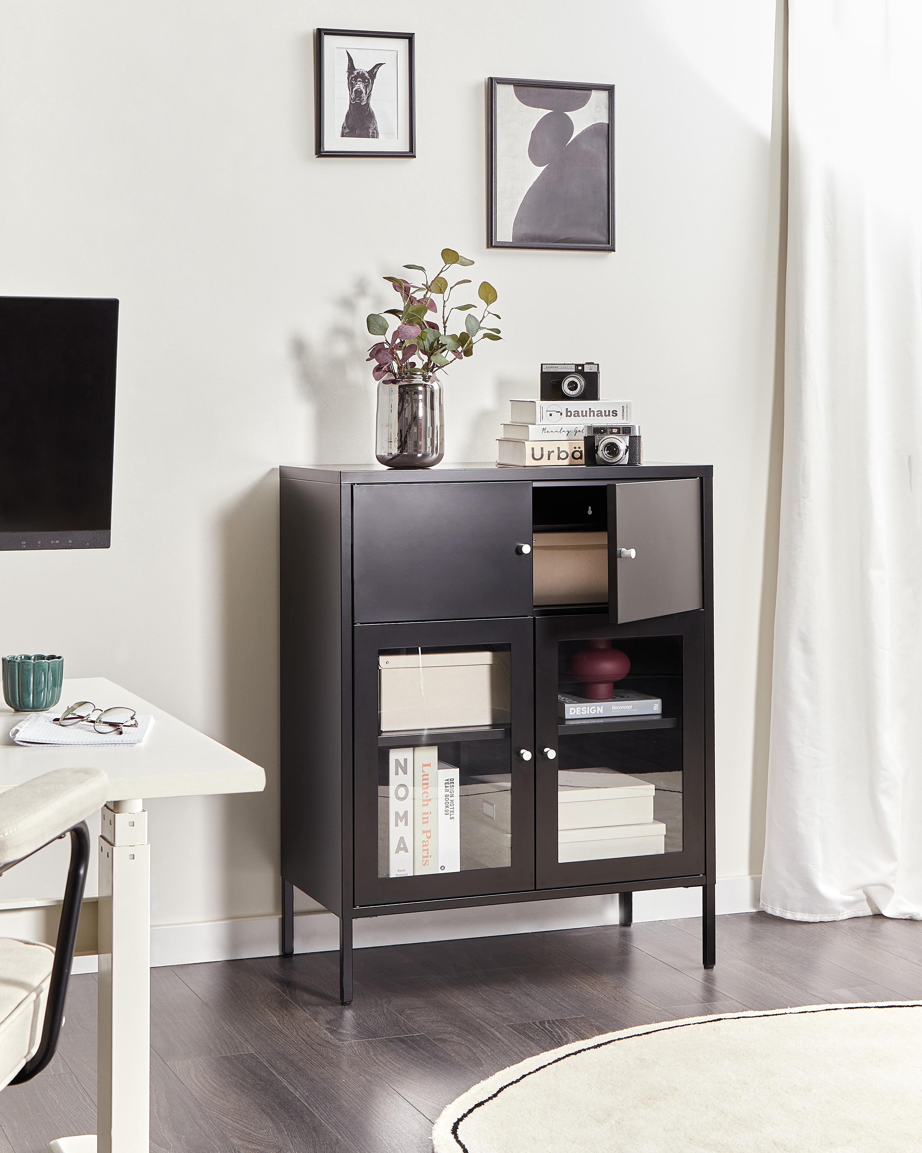 Dressoir met glazen deuren ESHOLT Metaal 80 cm Zwart